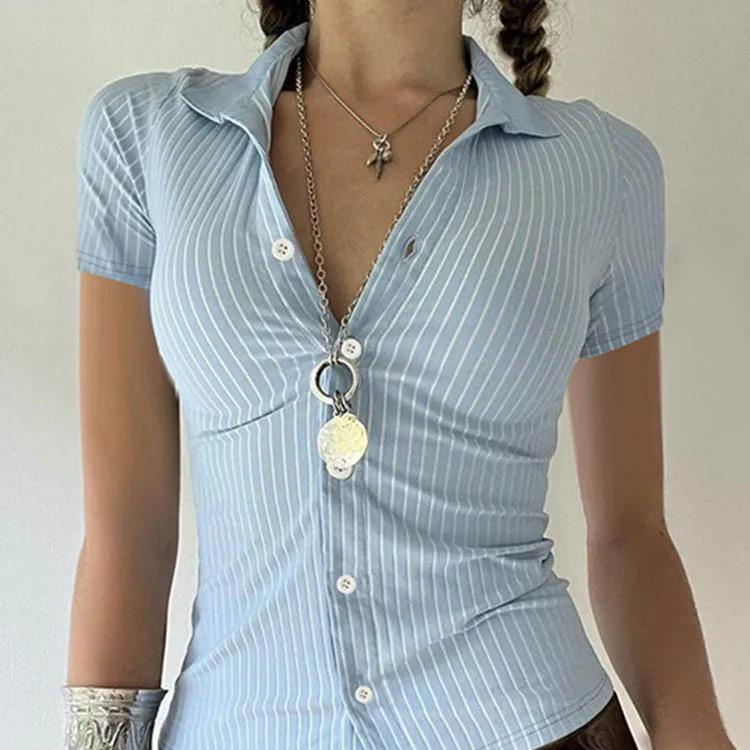 Sweetown Blue Stripe Short Sleeve Shirts For Women Button Up Turn Down Collar Slim Simple Casual Preppy Tops Basic Summer Tees S синий