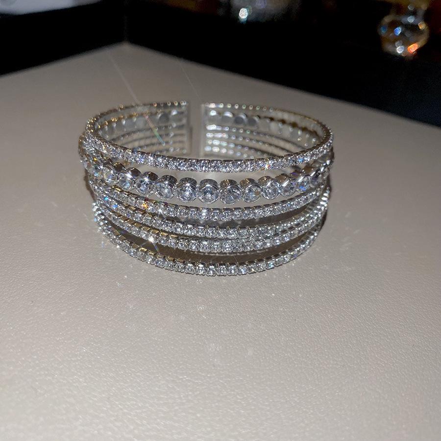 Inlaid Zircon Geometric Open Bangle - Elegant, High-End Design for Versatile Women's Fashion