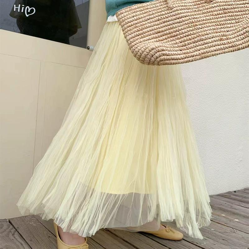 DIMANAF 2025 Spring Mesh Women New Skirts Solid Elastic Elegant White Pleated Skirts High Waist