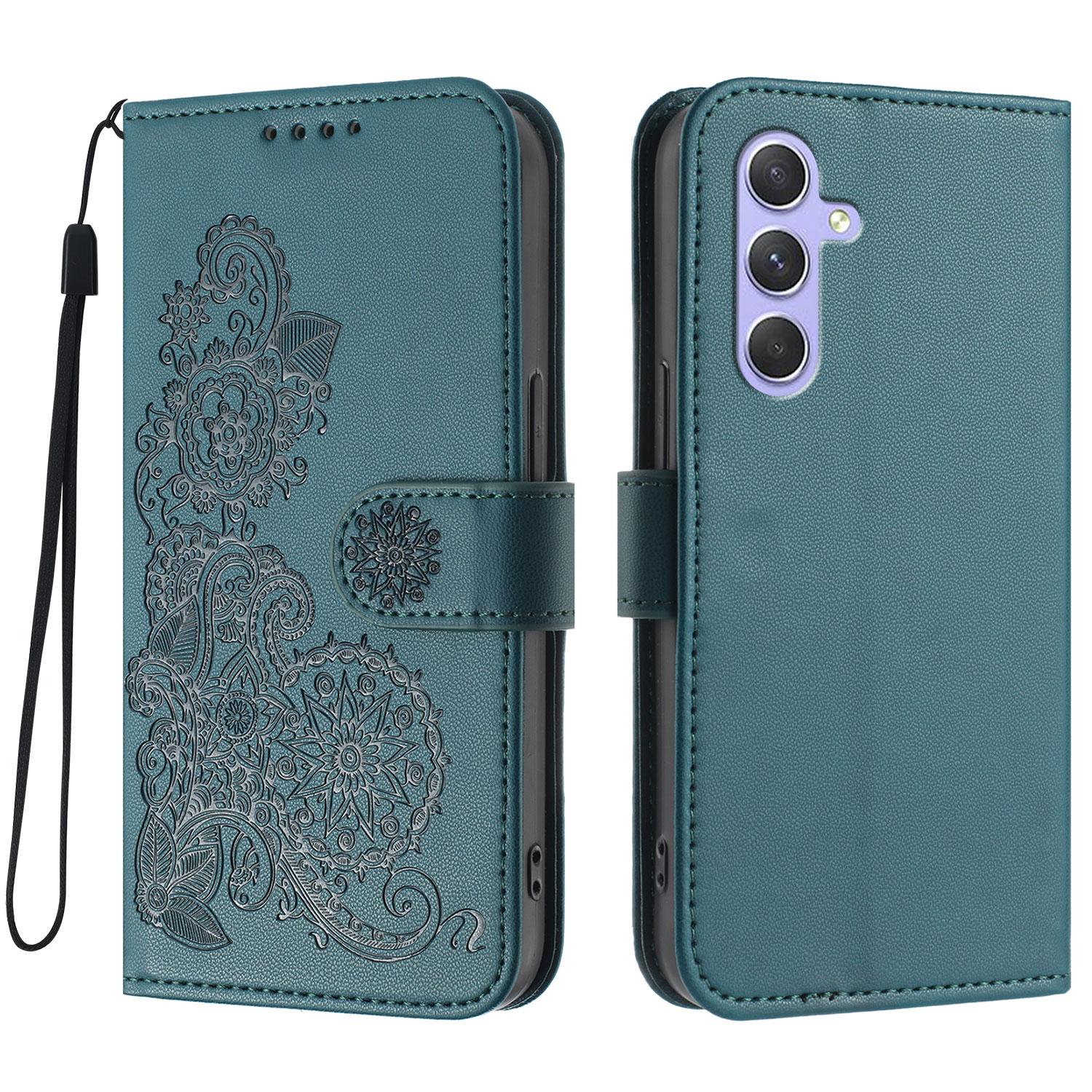 

For Samsung Galaxy A55 5G Phone Cases Mandala Flower Leather Wallet Mobile Cover with Strap Blackish Green
