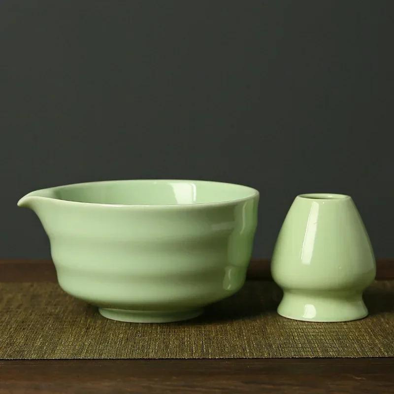 2Pcs Tea Bowl with Pouring Spout and Whisk Holder Matcha Ceramic Bowl for Tea Lovers Matcha Beginner Japanese Matcha Preparation