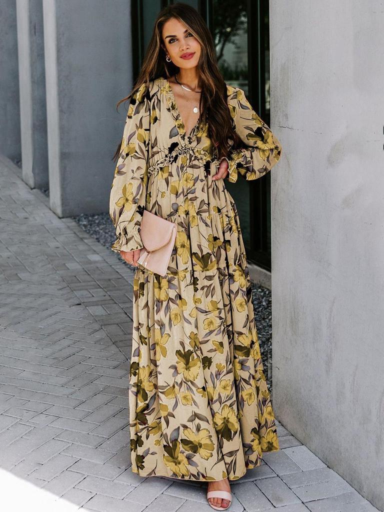 2025 Women's Fashion Long Sleeve Evening Dress - European & American Print Design