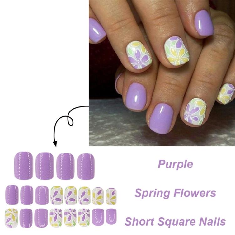 Square Nail Tips Flower Fake Nail Glues On Nail Stick On Nail Press On Nail Artificial False Nail for Womens and Girls