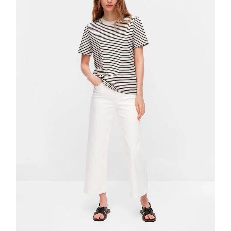 MD Spring New Arrival Standard Cotton Tee Base Shirt Tops Round Neck Stripes T-shirt Women's Short Sleeve