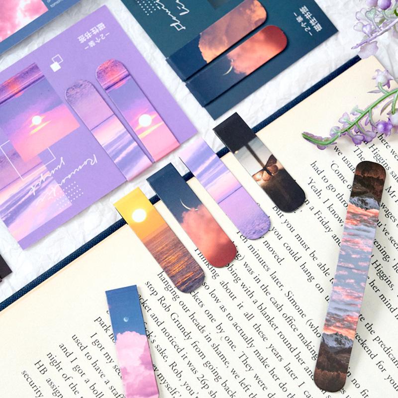 2 Pcs Magnetic Bookmark INS Landscape Clouds Simple Literary Pattern Page Folder for Books Readers Stationery Supplies