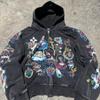 ZYLLO American Retro Hooded Sweater for Men and Women Couple Models Skull Lazy Wind Print Hooded Long-sleeved Zipper Hooded Sweater