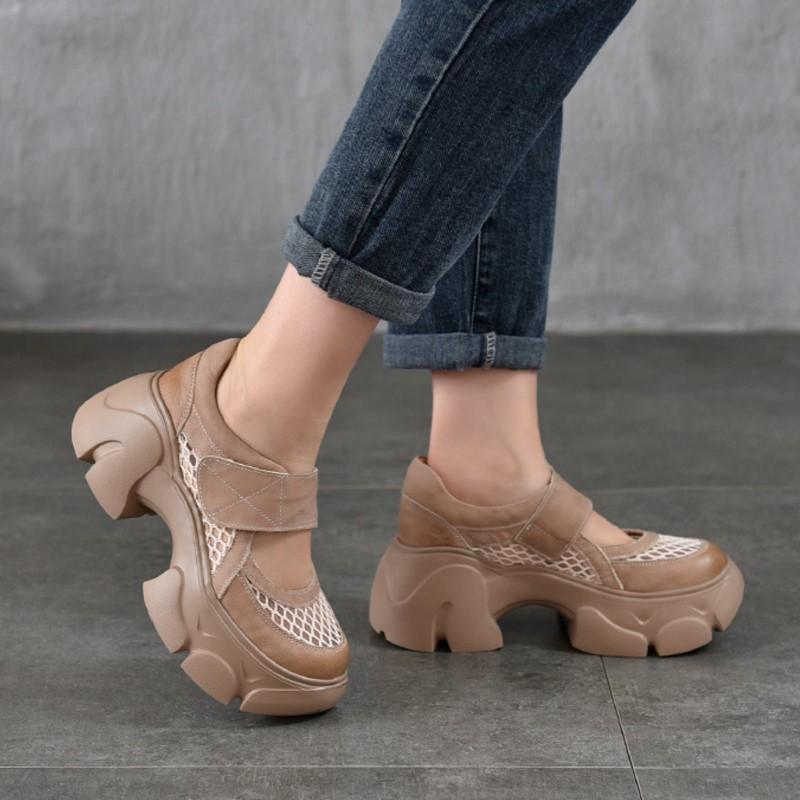 Johnature Leichte Sandalen aus echtem Leder mit dicker Sohle und ausgehöhlten Plateauschuhen für Damen