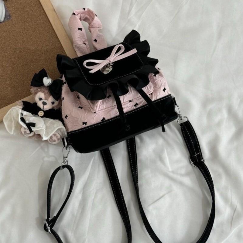 Lolita Black Pink Bow Ruffled Backpack Women Girls Compact Sweet Edgy Commuter Versatile Rucksack Ladies Elegant Mochilas Mujer