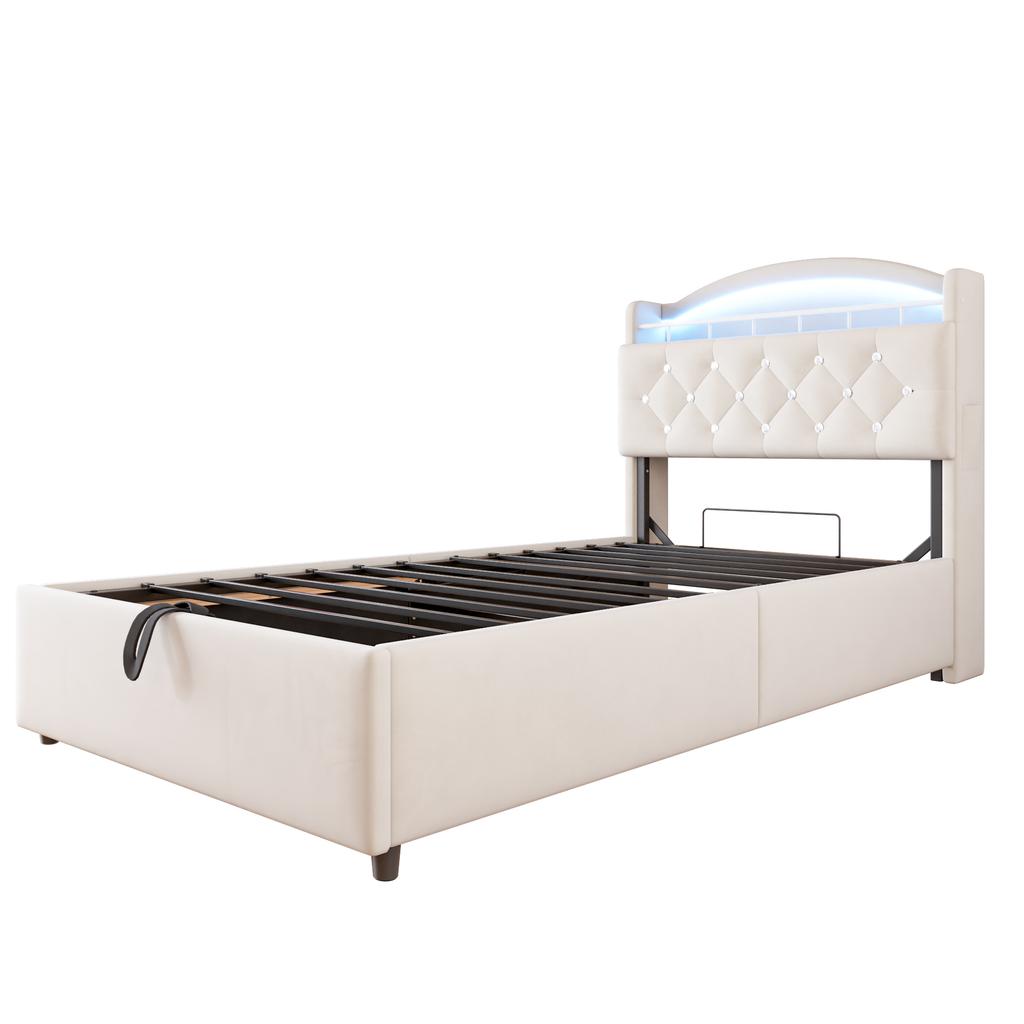 Children's Upholstered Bed 90x200, Velvet Single Bed Multifunctional Bed with Storage with LED and USB Beige