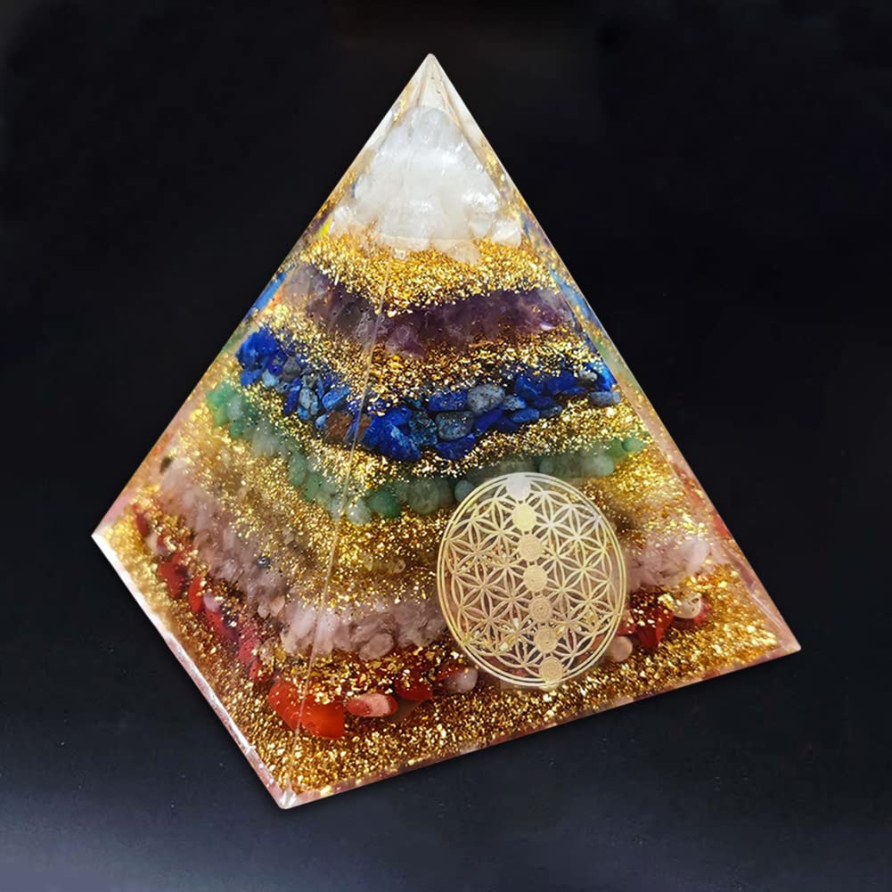 HIGHAWK Orgonite Pyramid with Chakra, Natural Stones, Gold Leaf, Energy, Seven Crystal Stones, Healing, Meditation, and Power Stones (8cm)