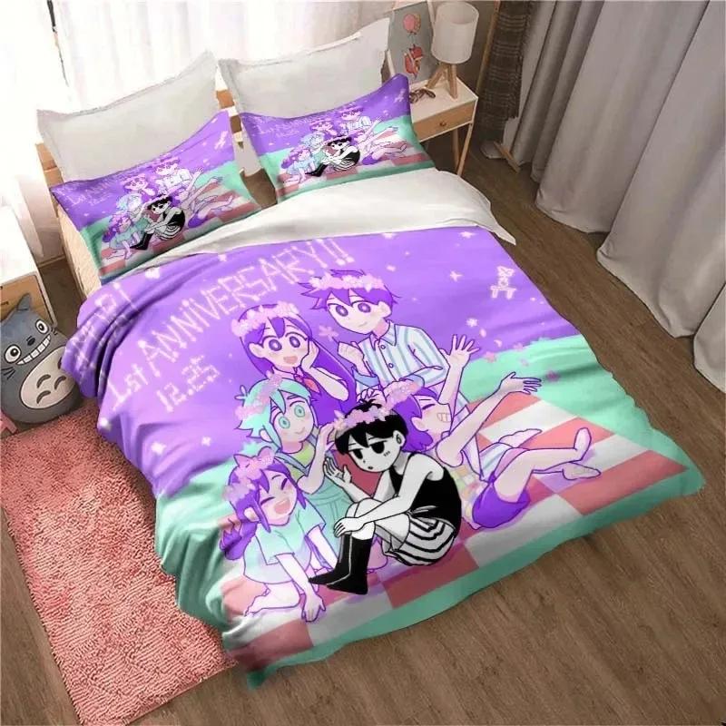 Anime Omori Gedrucktes Bettwäscheset Alle Jahreszeiten 3-teiliges Doppel-Bettbezug-Set Einzel-King-Size-Bettwäsche Heimtextil