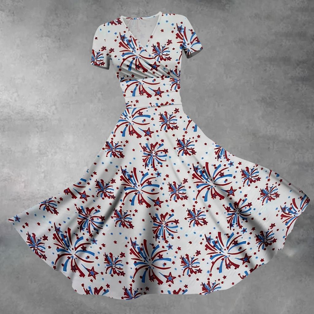 Women's Fashion Casual Independence Day Printed Short Sleeve Dress Elegant Maxi Dress