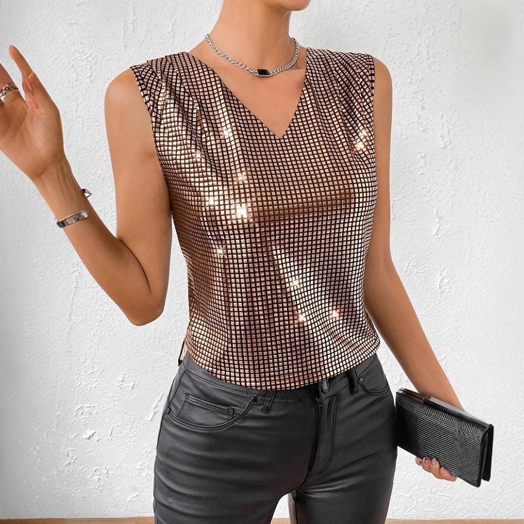 2026 Summer Women's Silver V-neck Plus Size Vest Sleeveless Slimming Plaid Top New Style