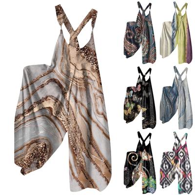 Geniş Bacak Tulum Kadınlar Için Rahat Gevşek Kolsuz Tulumlar Retro Baskı Metal Düğme Uzun Pantolon Romper Tulum Cepler Ile