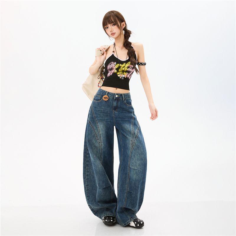 Spring Summer Vintage Blue Heavy Patchwork Tencel Lyocell Casual Silhouette Saber Cut Denim Pants For Ladies Casual Pants Oversize Denim Trousers
