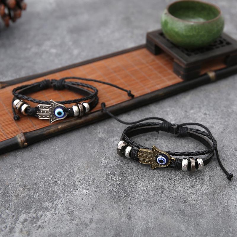 Unisex Cross-Border Personality Bracelet Set: Adjustable Alloy, Woven Waxed Cord, Leather Bangles with Eye Design