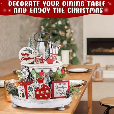 Christmas Tiered Tray Decor,Christmas Tree Rustic Farm-House Wooden Signs Decorations For Kitchen Home Table Party Supplies, Tray Not Include(7pc)