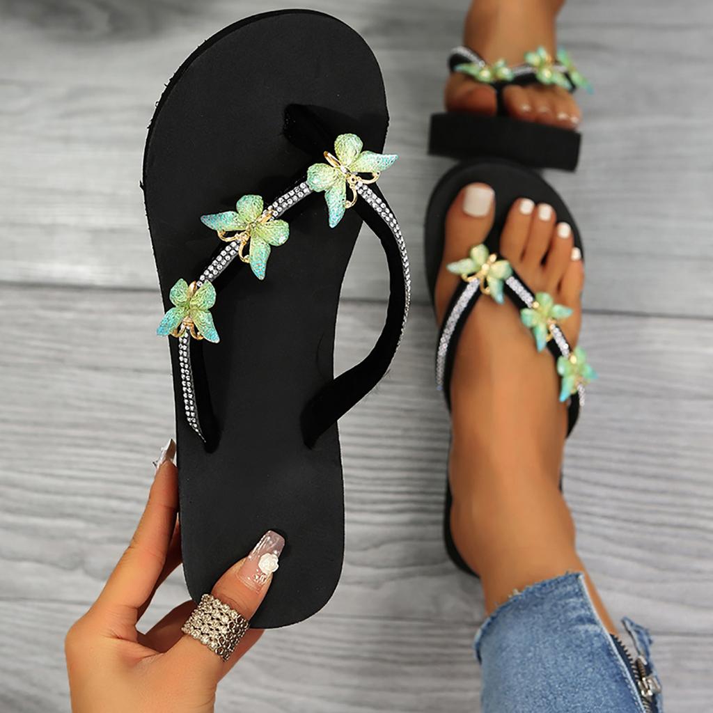 Furry Slippers For Women Ladies Fashion Summer Flip Flops Casual Rhinestone Butterfly Sandals Sandals For Woman