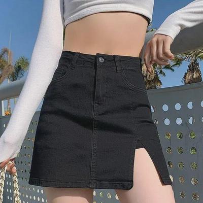 Black Elastic High-Waist Slit Denim Mini Skirt for Women - A-Line Anti-Exposure Bodycon Style