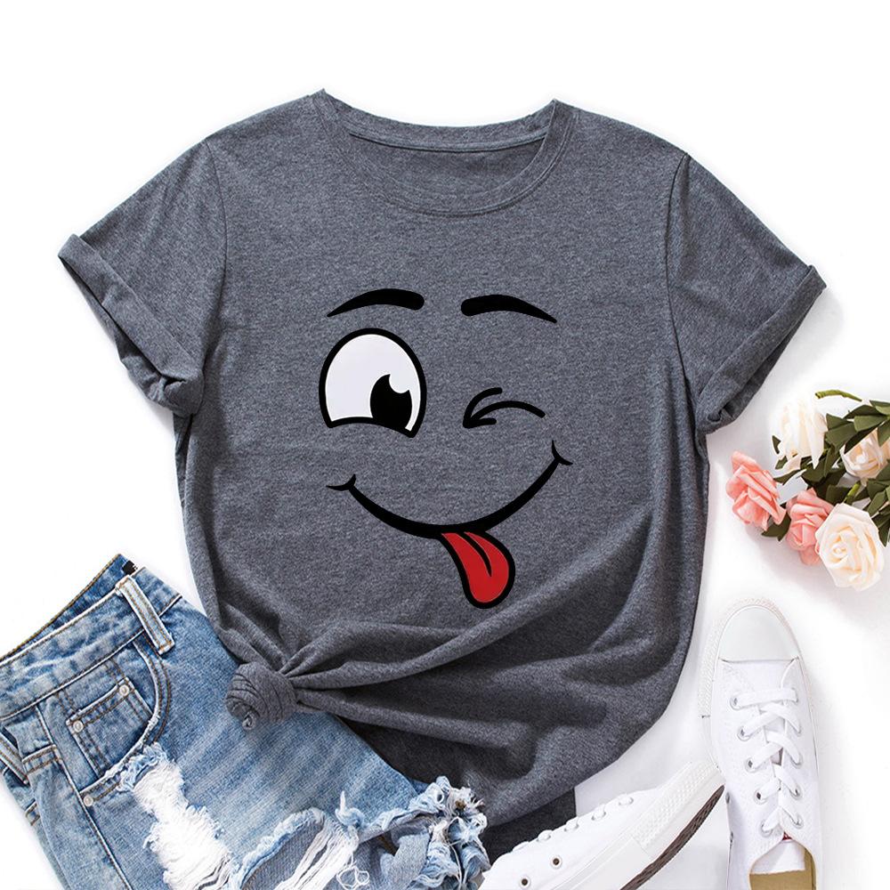 Cotton T-Shirt Short Sleeve Round Neck Women 2d Print Tops