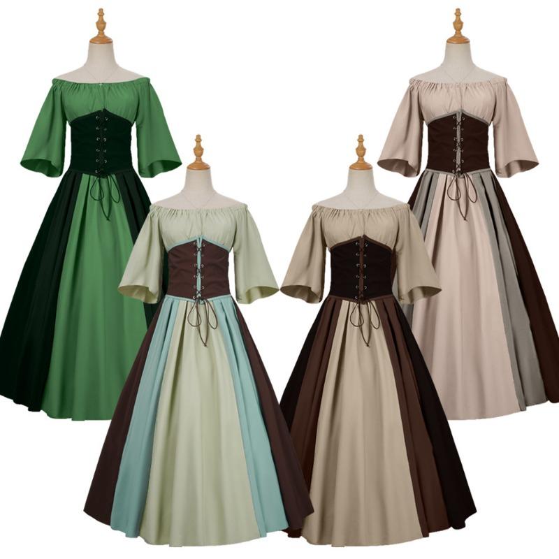 Medieval retro contrasting color slim-fitting skirt flying sleeves big swing skirt one-word shoulder dress women's clothing performance