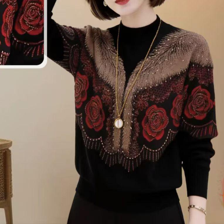 

Stylish Rose Jacquard Slimming Temperament Top for Fall/Winter M красный