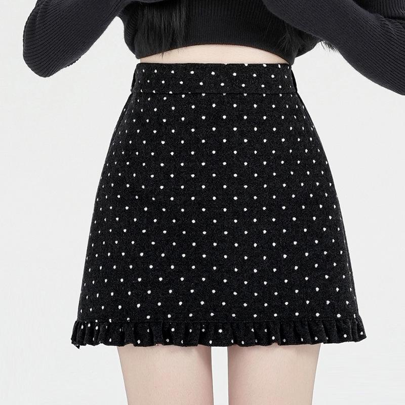 Grauer Polka Dot Wollrock in A-Linie mit hoher Taille und Rüschen für Damen in Übergröße
