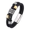 Stainless Steel Metal Clasp Bangles Men Jewelry Two Layers Black Genuine Leather Bracelet