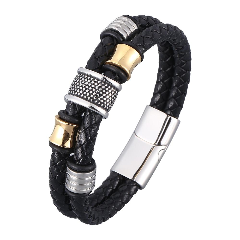 Stainless Steel Metal Clasp Bangles Men Jewelry Two Layers Black Genuine Leather Bracelet