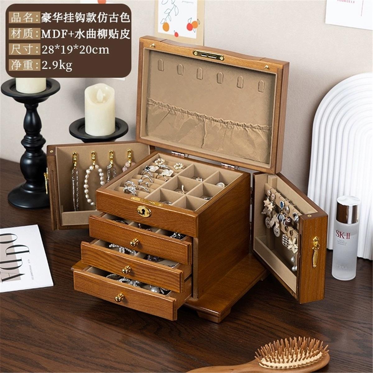 

Large Capacity Solid Wood Multi-layer Drawer-style Necklace Earring Ring Jewelry Storage Box Gift Pure Color Chinese Retro A
