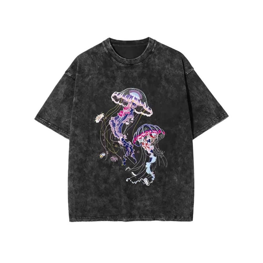 Vintage Washed Jellyfish Print T-Shirt Watercolor Ocean Marine Design Women's Short Sleeve Tee for Summer