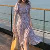 New French bubble sleeve split chiffon oil painting lavender spring summer autumn floral retro dress explosion