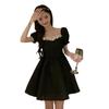 Fat mm French halter bow dress women's design sense bubble sleeves large size skirt black slim short skirt summer