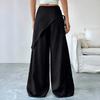 Yousheng Women Long Pants, Oversized Wide Leg Trousers with Apron Decor, Pure Color Elastic Waist Casual Pants for Daily Commuting