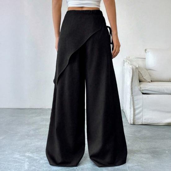 Yousheng Women Long Pants, Oversized Wide Leg Trousers with Apron Decor, Pure Color Elastic Waist Casual Pants for Daily Commuting