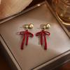 New Year'S Ankara Red Two Wearing Bow Earrings, Autumn Light Luxury Design Sense Fashion Temperament Stud Earrings Women