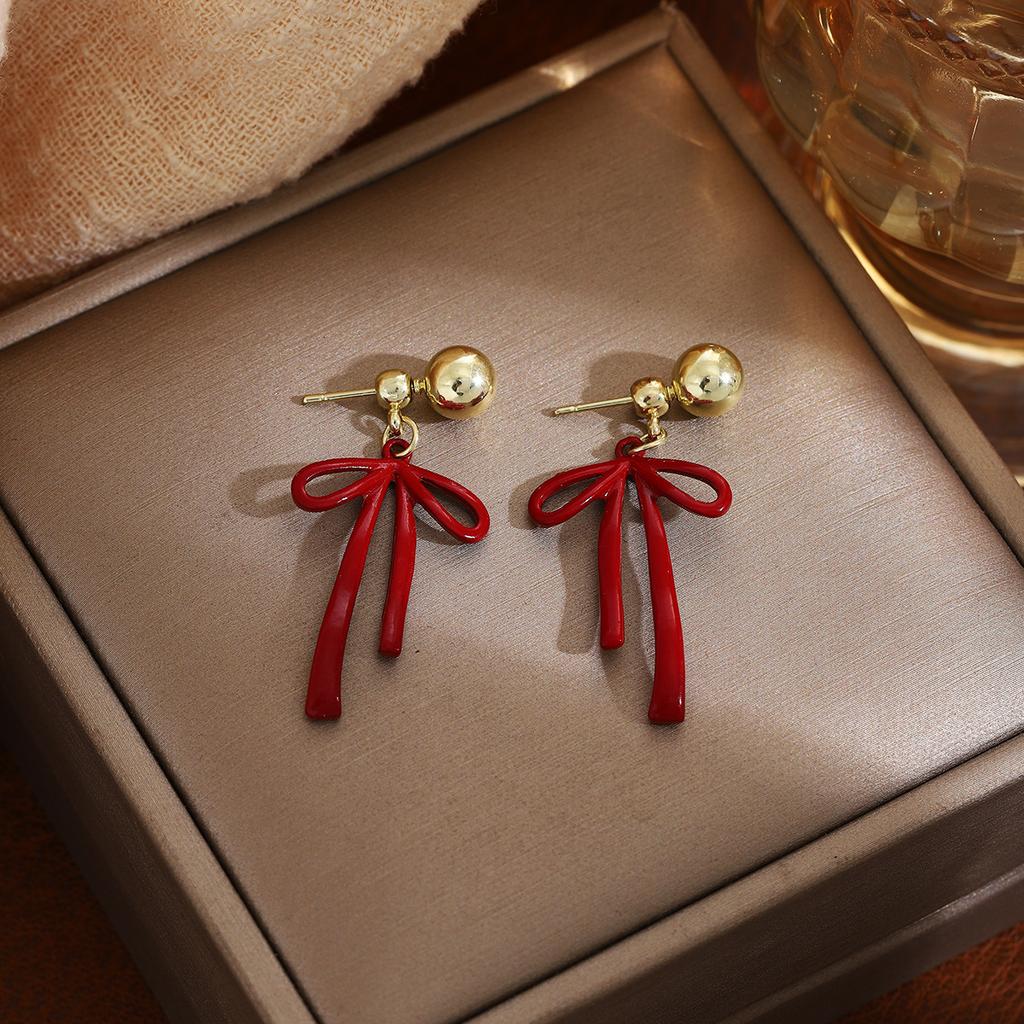 New Year'S Ankara Red Two Wearing Bow Earrings, Autumn Light Luxury Design Sense Fashion Temperament Stud Earrings Women