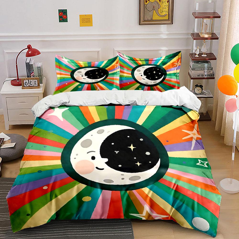 Colorful Moon and Stars Decor Bedding Set with 1 Duvet Cover 2 Pillowcases Single Double King Queen, Gift