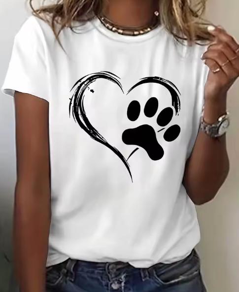 Women Pet Lover Graphic T Shirt Brushed Texture Heart With Paw Print Round Neck Short Sleeve Soft Casual Dog Mom Everyday Tee