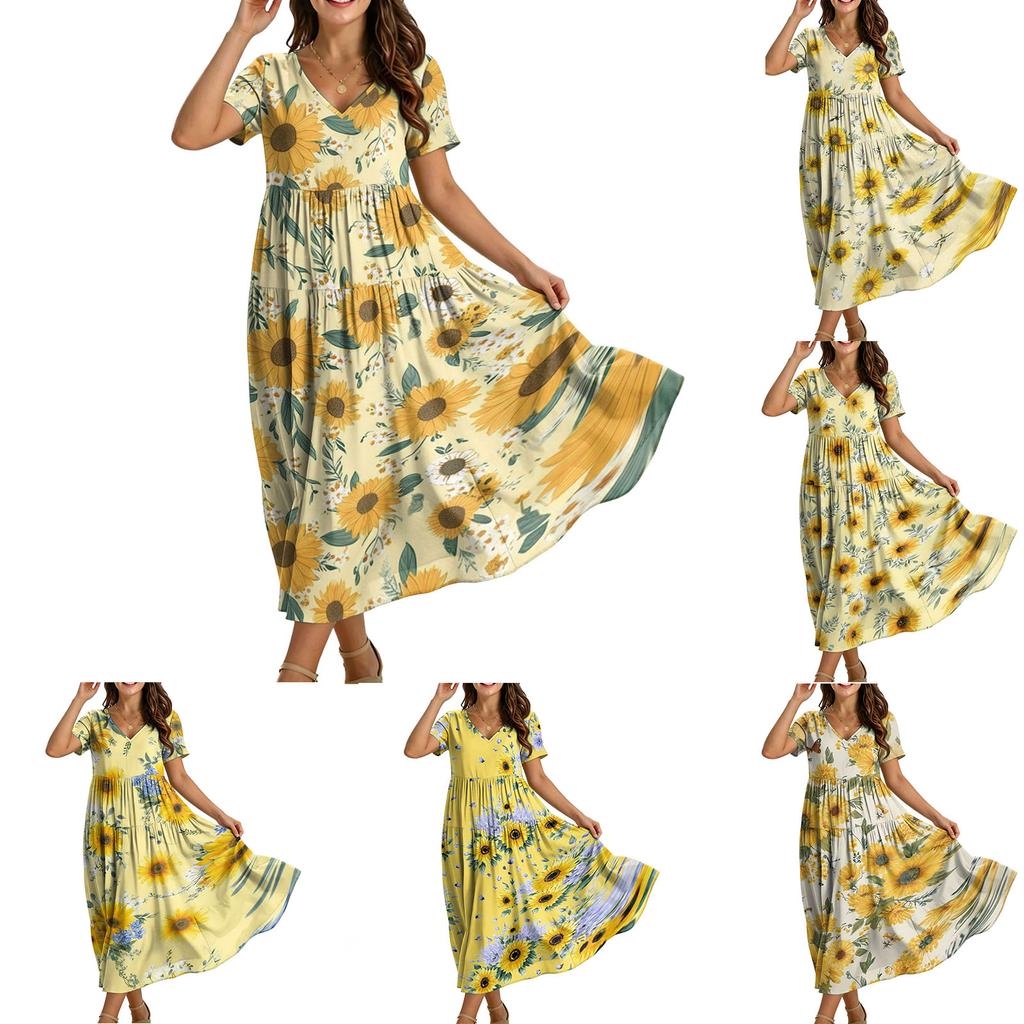 Women Casual Loose Bohemian Floral Dress Short Sleeve Long Maxi Summer Beach Swing Dress