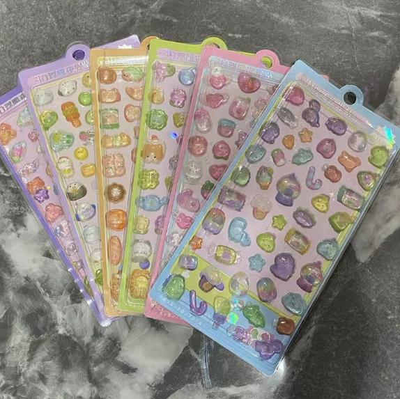 1-5Sheets Kawaii Cartoon 3D Relief Sticker Cute Crystal Jelly Patch For Mobile Phone Case Mirror Scrapbook Journal Animal Deco
