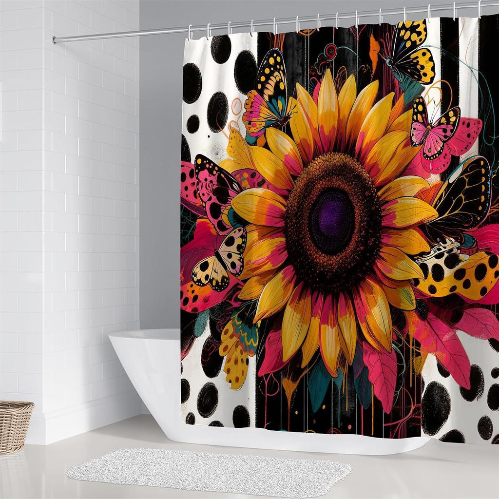 4Pcs Shower Curtain Set with Non-Slip Bath Mat, Toilet Lid Cover, Contour Rug & 12 Hooks, Bathroom