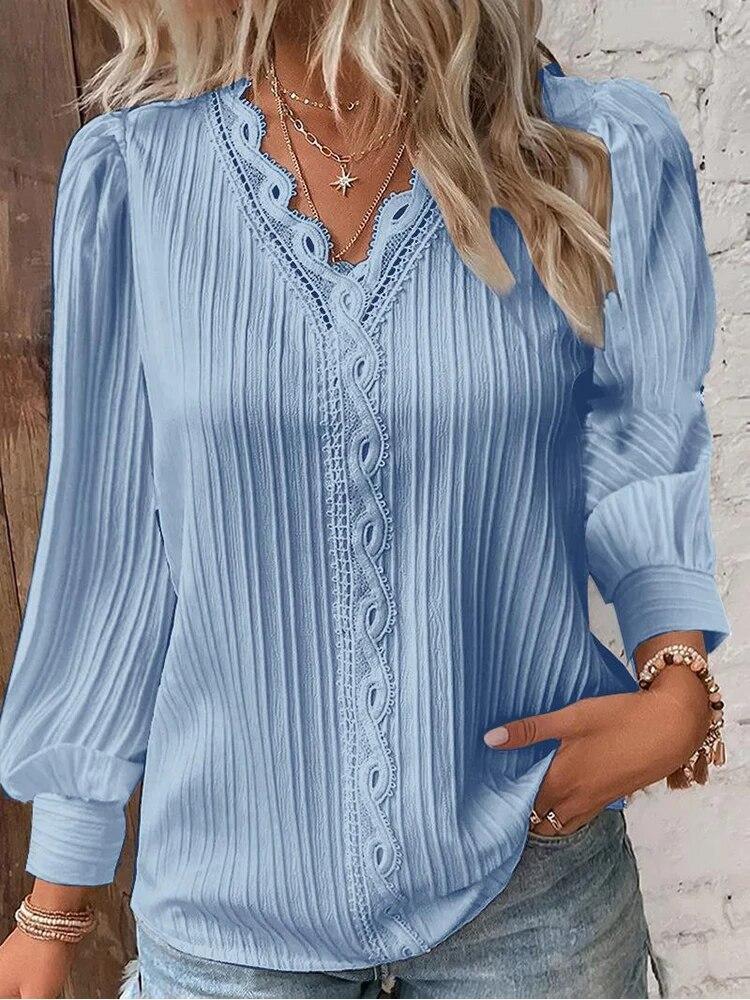 Women Lace Stitching Shirt Solid V-neck Simple Chiffon Decoration Hollow Out Design Fashion Elegant Top Office Lady Blouse