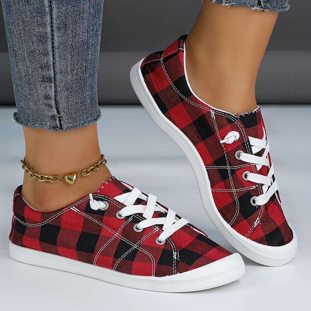 Women's Red & Black Checkered Print Casual Shoes - Breathable Fabric Upper Round Toe Design