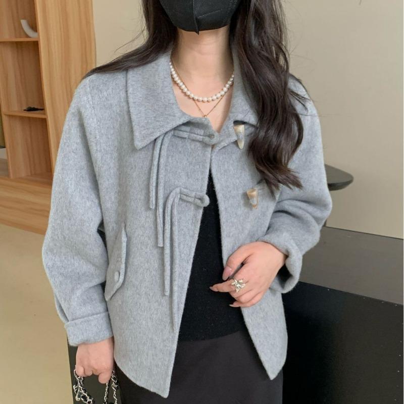 

Новое двухстороннее шерстяное пальто, короткое, корейский стиль, свободное повседневное шерстяное пальто M серый