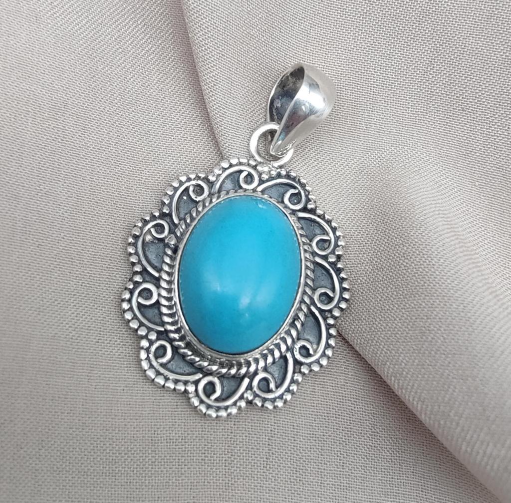 American Turquoise Pendant: Handmade 925 Silver Boho Necklace