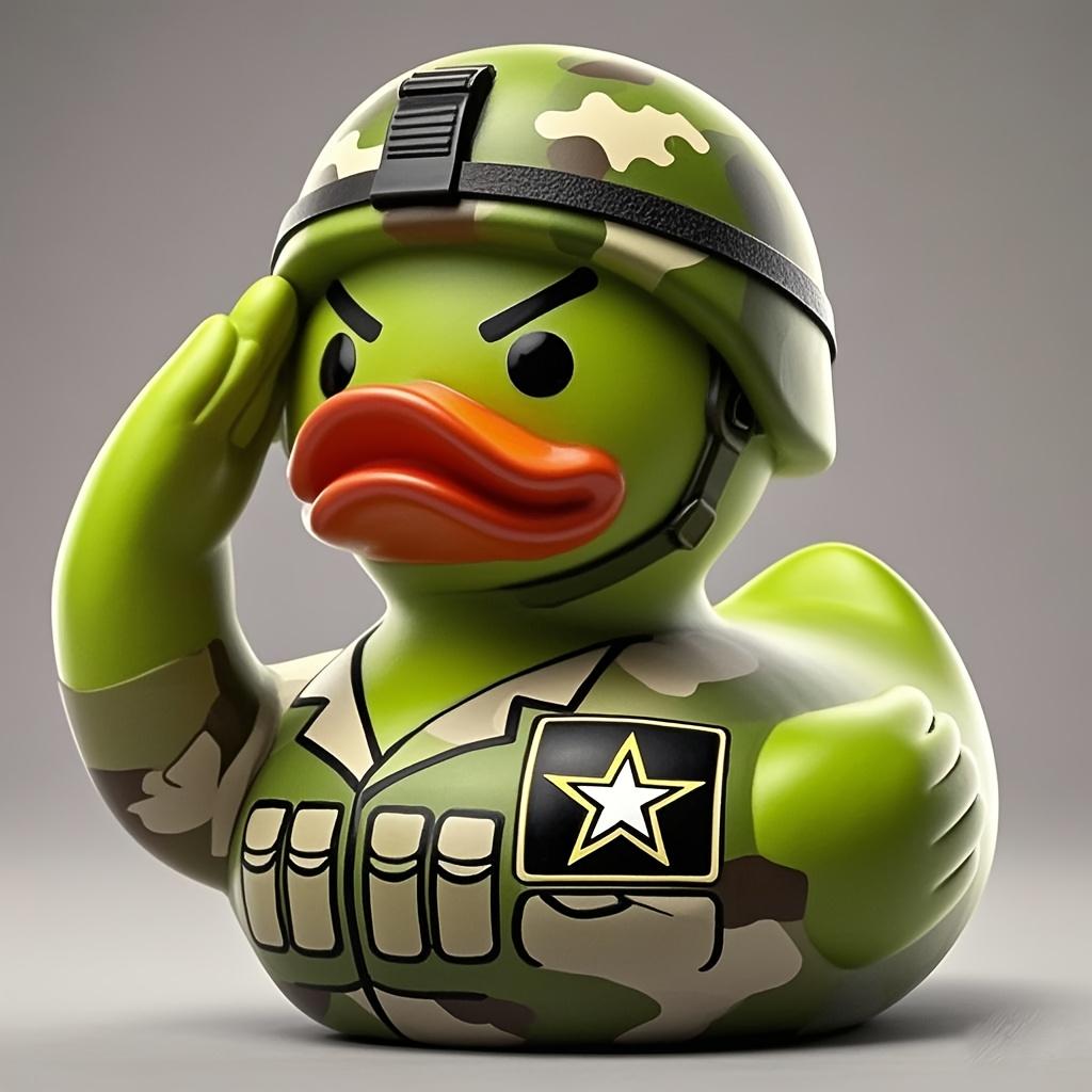 Whimsical Army Duck Statue , Green Camouflage Soldier Rubber Duck with Saluting Gesture, Resin Home Decor for Desk or Tabletop