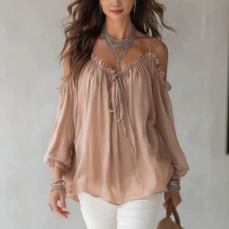 Women S Long Sleeve Blouse Ruffled Collar Loose Fit Solid Color Bohemian Style Casual Top