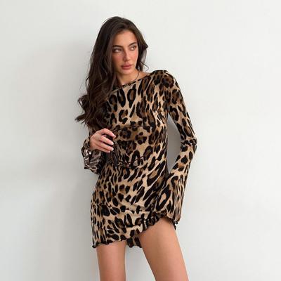 2024 Autumn/Winter Women's Leopard Print Mini Dress with Bell Sleeves