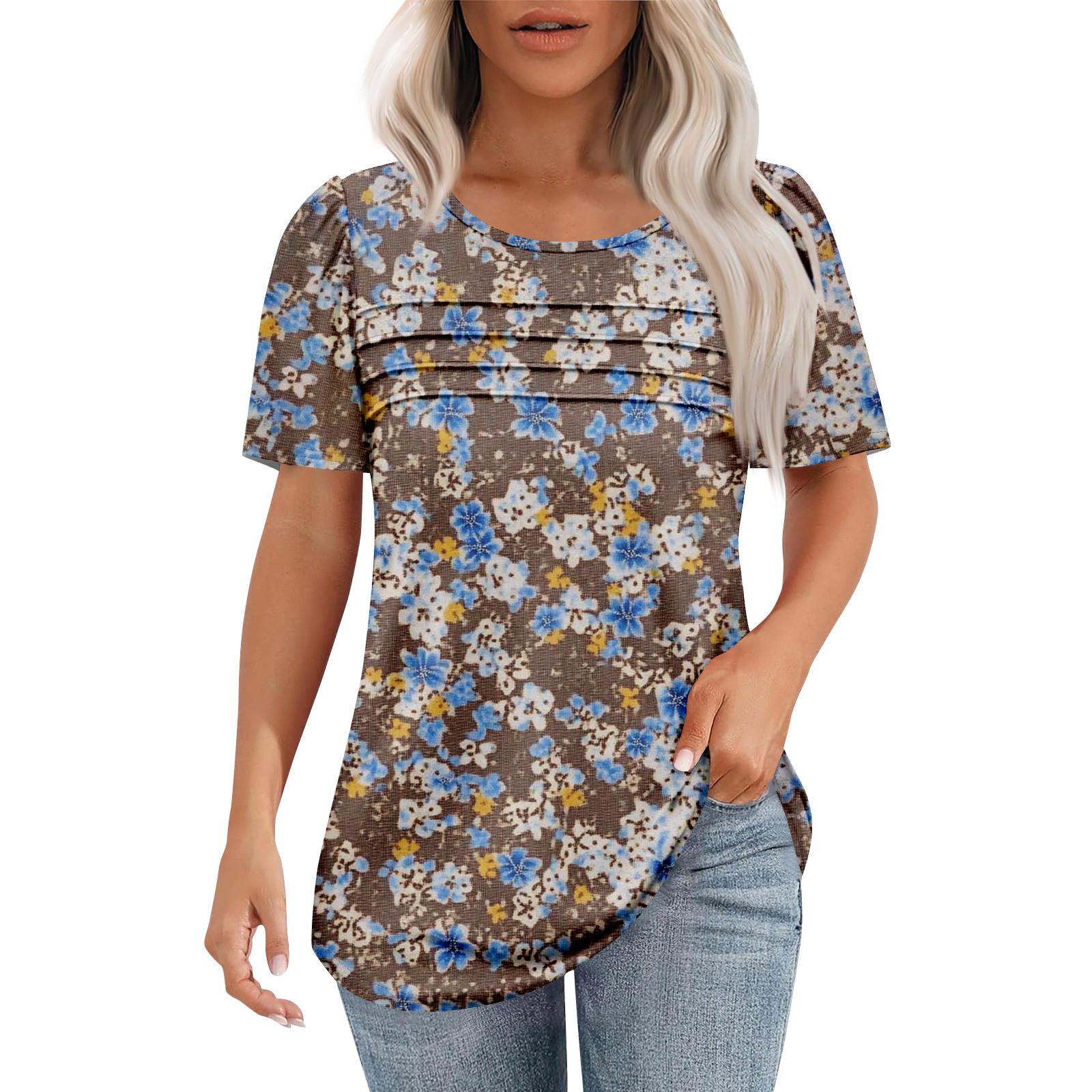 

Женская модная рубашка с круглым вырезом и короткими рукавами в складку XXXL коричневый